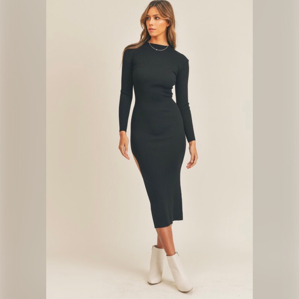 Long sleeve midi knit dress with high slit - Picture 2 of 3